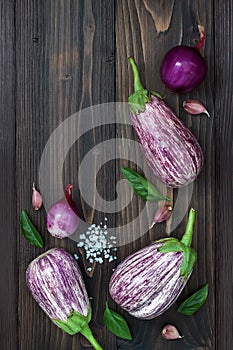 Purple eggplant, garlic and basil leaves from above on the old wooden board with free text space. Fresh harvest from the garden. T