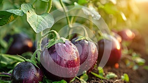 Purple Eggplant Growing in Garden