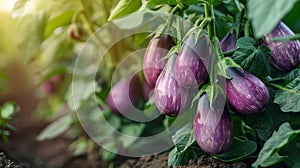 Purple Eggplant Growing in Garden