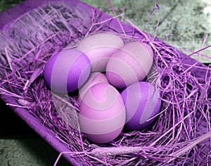 Purple eggs in hye in a wooden old tray