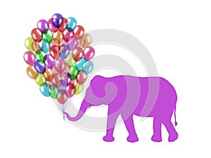 Purple elephant keeping colorful balloons with his trunk