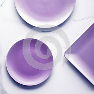 Purple empty plate on marble table background, tableware decor for breakfast, lunch and dinner for restaurant brand menu recipe,