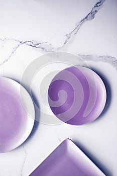 Purple empty plate on marble table background, tableware decor for breakfast, lunch and dinner for restaurant brand menu recipe,