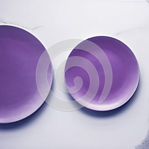 Purple empty plate on marble table background, tableware decor for breakfast, lunch and dinner for restaurant brand menu recipe,