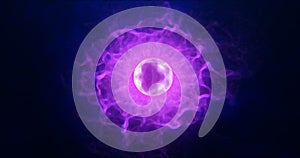 Purple energy sphere with glowing bright particles, atom with electrons photo