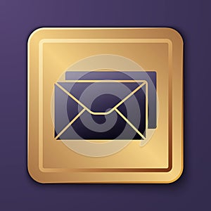 Purple Envelope icon isolated on purple background. Email message letter symbol. Gold square button. Vector Illustration