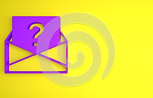 Purple Envelope with question mark icon isolated on yellow background. Letter with question mark symbol. Send in request