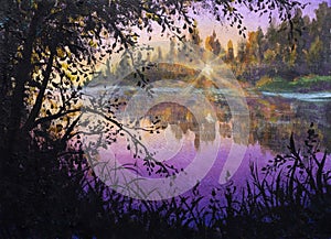 Purple evening morning on the river beautiful landscape painting