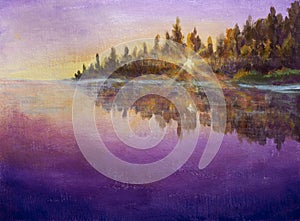 Purple evening morning on the river beautiful landscape painting