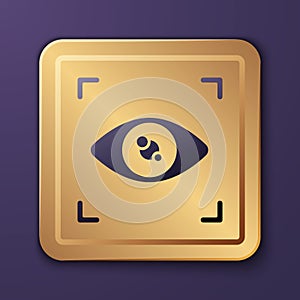 Purple Eye scan icon isolated on purple background. Scanning eye. Security check symbol. Cyber eye sign. Gold square