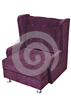 Purple fabric upholstered single seater armchair, isolated on white background. photo