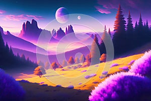 Purple Fantasy Landscape Background with Nature
