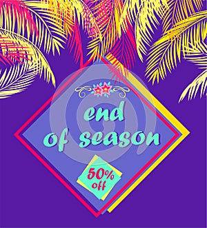 Purple fashion discount for summer sale with palm branches, offer label, frangipani flowers and end of season lettering