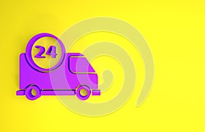 Purple Fast round the clock delivery by car icon isolated on yellow background. Minimalism concept. 3d illustration 3D