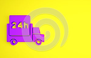 Purple Fast round the clock delivery by car icon isolated on yellow background. Minimalism concept. 3d illustration 3D