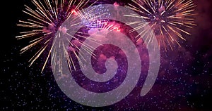 Purple Firework celebrate anniversary happy new year 2023, 4th of july holiday festival. Purple firework in night time celebrate