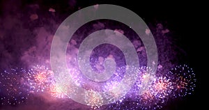 Purple Firework celebrate anniversary happy new year 2023, 4th of july holiday festival. Purple firework in night time celebrate