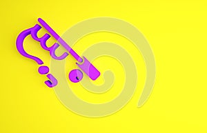 Purple Fishing rod icon isolated on yellow background. Fishing equipment and fish farming topics. Minimalism concept. 3d