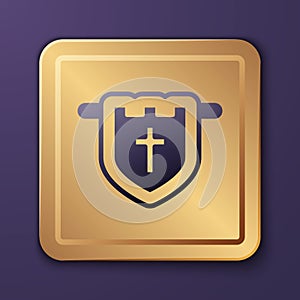 Purple Flag with christian cross icon isolated on purple background. Gold square button. Vector