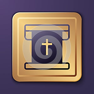 Purple Flag with christian cross icon isolated on purple background. Gold square button. Vector