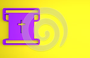 Purple Flag with christian cross icon isolated on yellow background. Minimalism concept. 3D render illustration