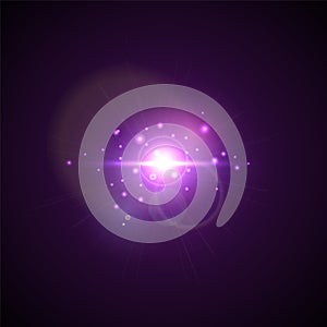 Purple Flash with rays and spotlight. Realistic light glare, high loth, star glow. Lens flare effect on black background.