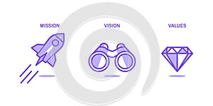 Purple flat icon with rocket, binocular and diamond for visualisation of Mission, Vision and Values concept