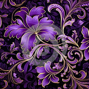 Purple Floral Wallpaper With Gold Ornaments On Black Canvas photo