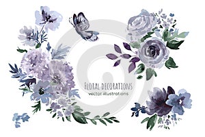 Purple floral watercolor decoration, vector illustration