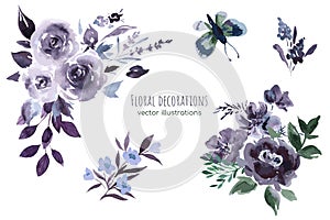 Purple floral watercolor decoration, vector illustration