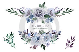 Purple floral watercolor decoration, vector illustration