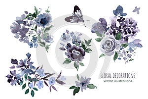 Purple floral watercolor decoration, vector illustration