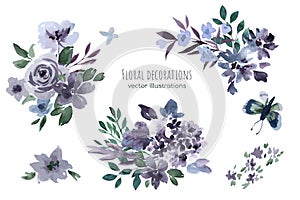 Purple floral watercolor decoration, vector illustration