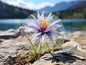 A purple flower growing out of rocks