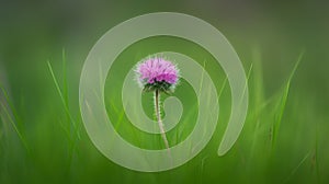 a purple flower sitting on top of a lush green grass covered field with tall green grass behind it and a blurry background behind