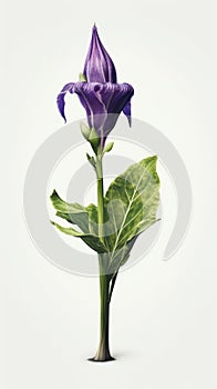 Purple flower with stem and leaves. It is placed on top of white background, creating an interesting contrast between