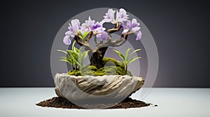 Purple Flower Tree On Rock: Meticulous Photorealistic Still Life