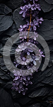 Purple Flowers Against Black Rocks: A Photorealistic Composition