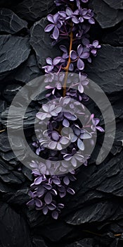 Purple Flowers Against Black Rocks: A Photorealistic Composition photo
