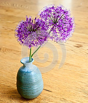 Purple flowers in a blue clay vase