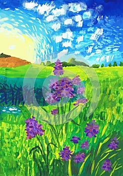 Purple flowers on a bright summer day. Children`s drawing