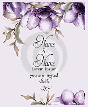 Purple flowers card watercolor Vector. Wedding invitation ceremony. Spring trendy painted decors