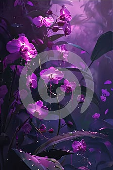 Purple flowers. Drops of dripping water, rain in the dark forest, around a long leaf. Flowering flowers, a symbol of spring, new