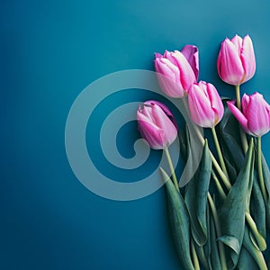 Purple flowers in the garden Spring purple tulips on a blue background