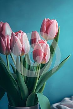 Purple flowers in the garden Spring purple tulips on a Blue background