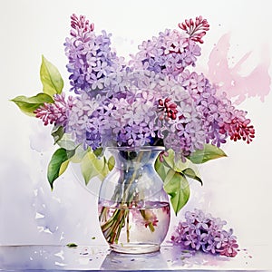 Watercolor Lilacs In A Glass Vase: Meticulous 8k Resolution Painting photo