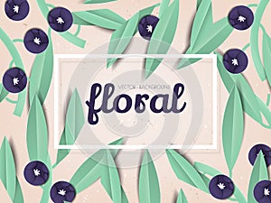 Purple flowers with with green leaves flat lay on light brown background with white frame, paper art/paper cutting style