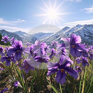 Purple flowers with Green stems kami in the meadow in the background high mountain ranges covered with snow. Flowering flowers, a