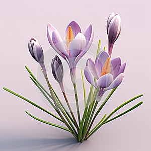 Purple flowers, specifically tulips. There are four different colors of tulips in vase: pink, yellow, orange, and