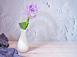 Purple flowers in vase on the table,Purple-pink flower still life on texture background or wallpaper Common water hyacinth Eichhor